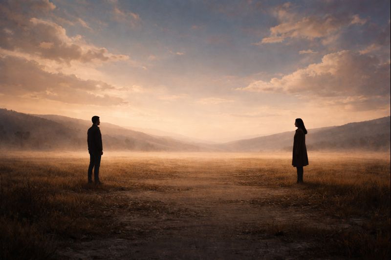 Two figures stand facing one another across a wide, open landscape at dusk, with distance and light between them.